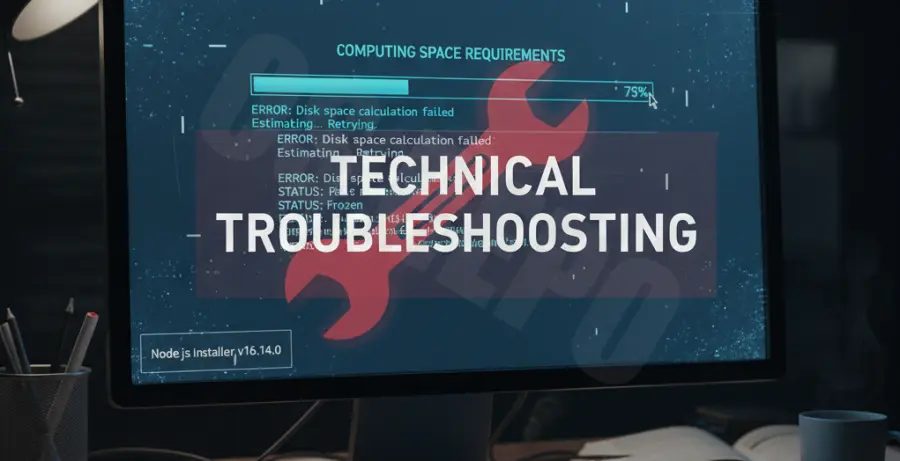 Node.js installation wizard stuck at the computing space requirements phase.
