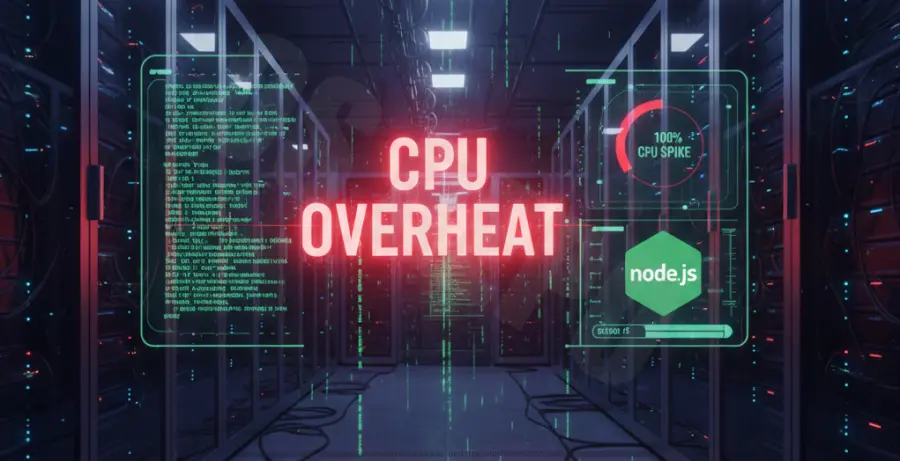Node.js PM2 monitoring dashboard showing a critical high CPU usage warning in a server environment.