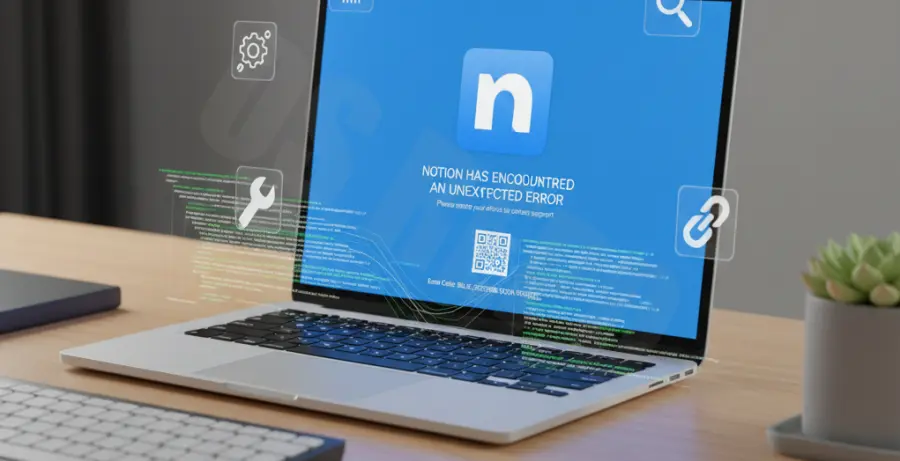 Notion blue screen error on a laptop screen with troubleshooting icons.