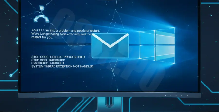 Microsoft Outlook logo on a Windows Blue Screen of Death background.