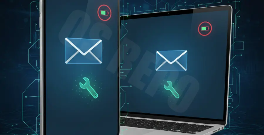 Outlook app icon next to a low battery warning symbol on a digital interface.