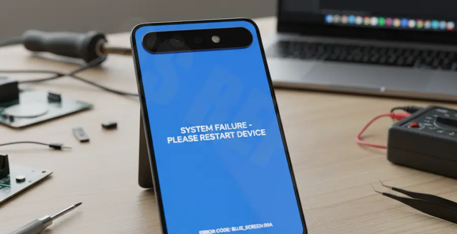 Google Pixel 9 displaying a blue screen of death error on a workspace.
