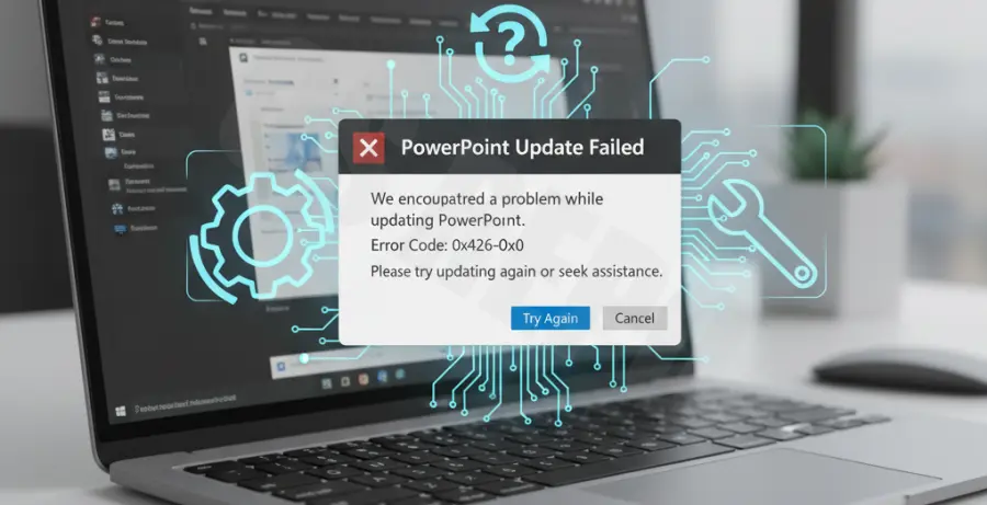 Troubleshooting PowerPoint update error 0x426-0x0 on a Windows computer.