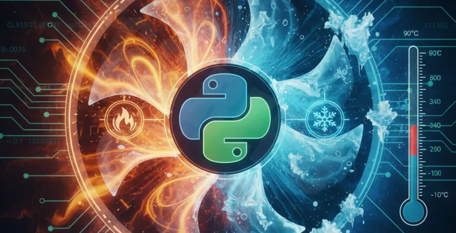 Technical diagram showing Python 3.13 thermal management settings fix and CPU cooling optimization.