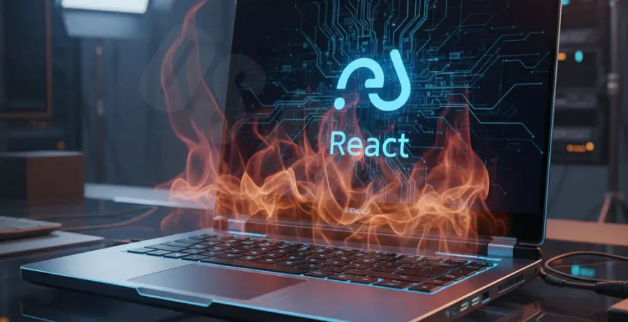 A laptop overheating while running a React.js application with a loud cooling fan.