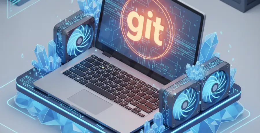 Digital illustration showing Git performance optimization on Windows with cooling icons.