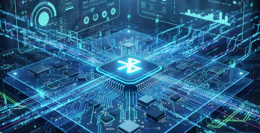 A digital illustration showing a motherboard with a Bluetooth symbol being updated manually.
