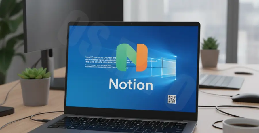 A laptop screen showing a blue screen error message next to the Notion app icon.