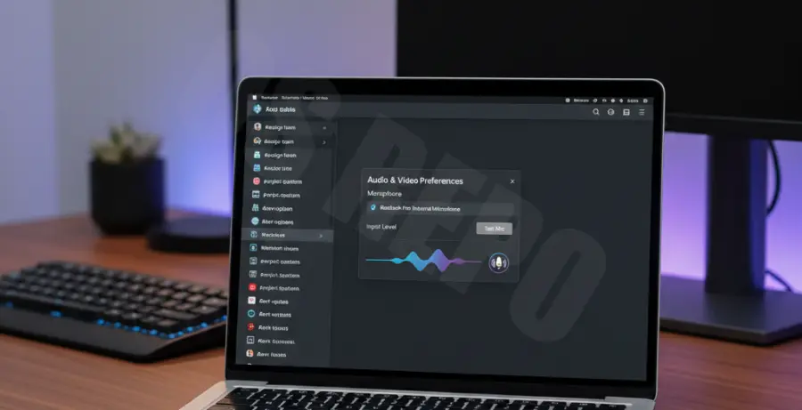 Troubleshooting Slack audio settings on a MacBook Pro screen.