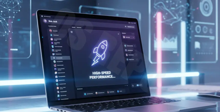 Slack application interface on a laptop illustrating speed and performance optimization.