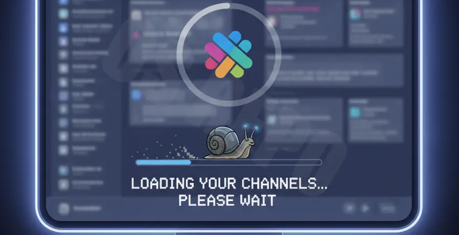 Slack application interface showing slow performance and high memory usage on a modern workstation.