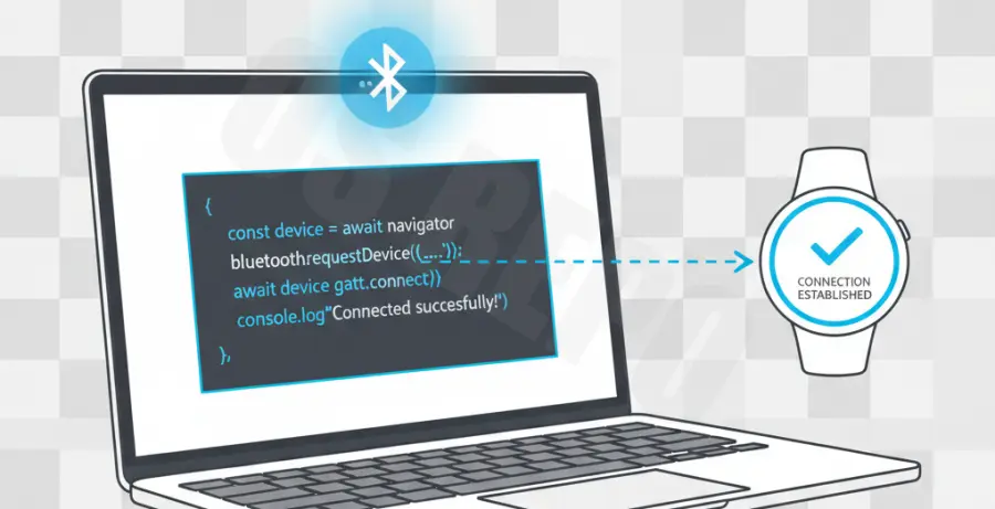 Technical diagram showing JavaScript Bluetooth pairing and troubleshooting steps.