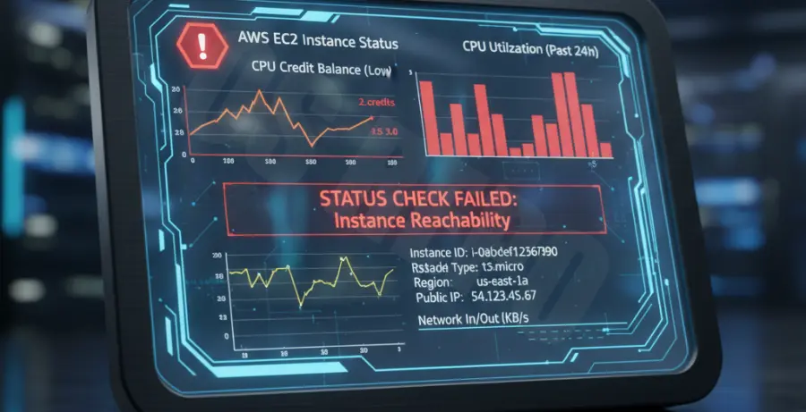 AWS EC2 t2.micro instance status check failure dashboard.