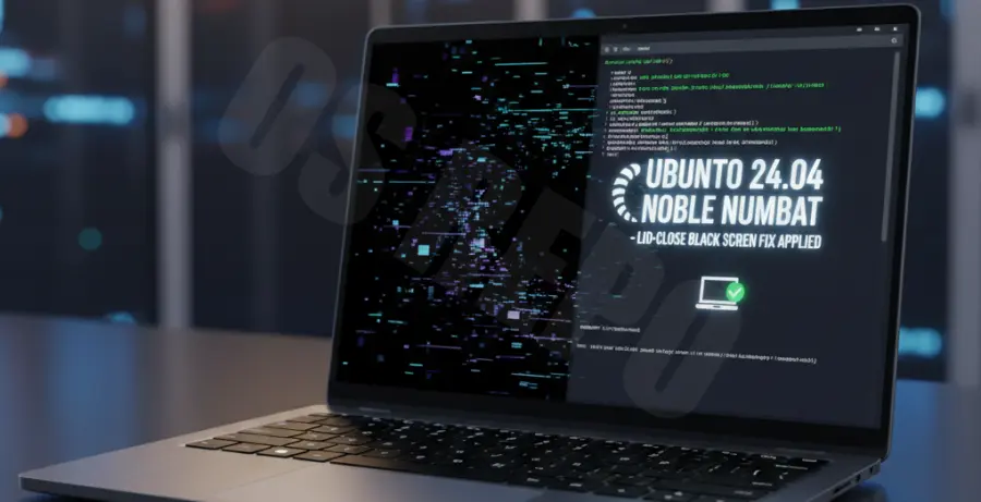 Diagram showing Ubuntu 24.04 system settings and terminal commands to fix the laptop lid black screen error.