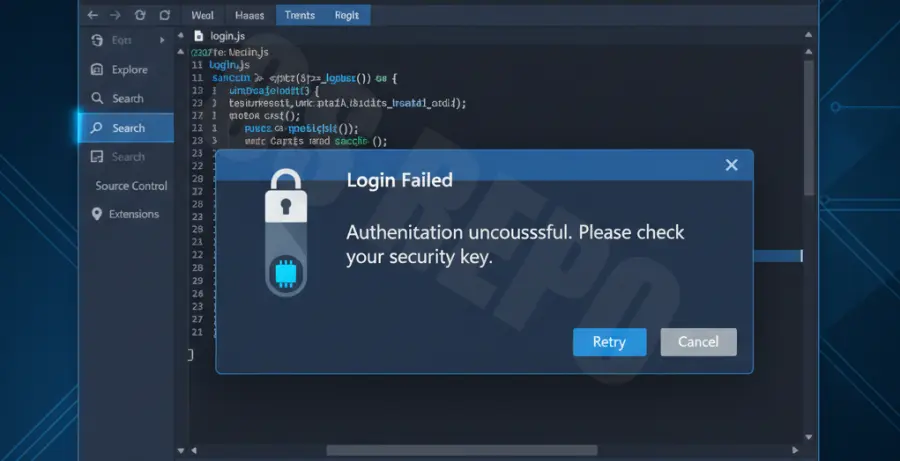 VS Code login failed error screen on Windows 10 with security icons.
