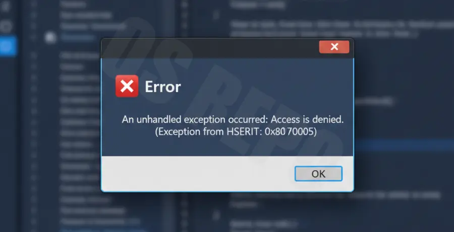 VS Code installation error 0x80070005 message on a computer screen.