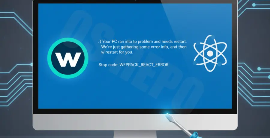 Webpack Dev Server Blue Screen Fix illustration showing React and Webpack logos next to a system crash screen.