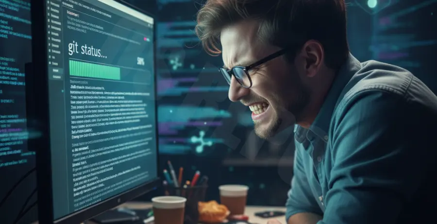 Developer experiencing a slow git status response in a high-tech terminal environment.