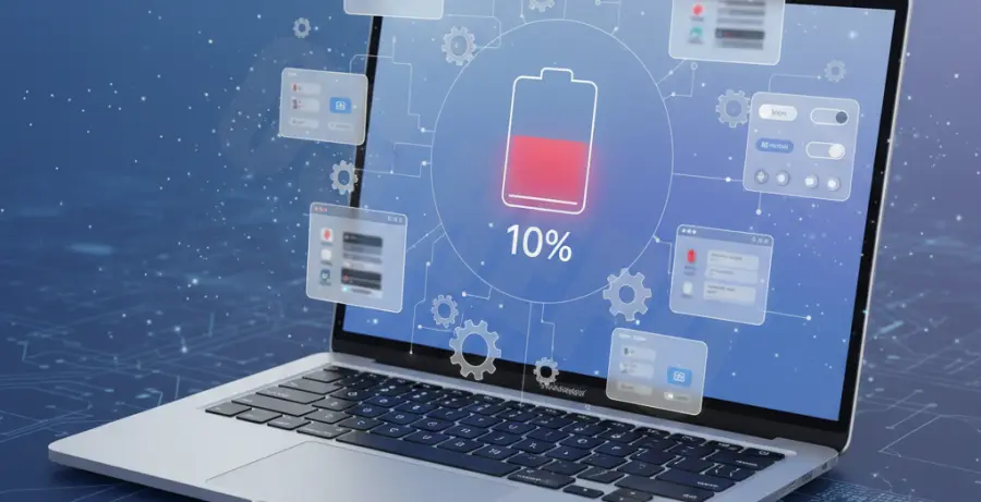 MacBook Pro displaying battery drain diagnostics and macOS Sequoia system interface.