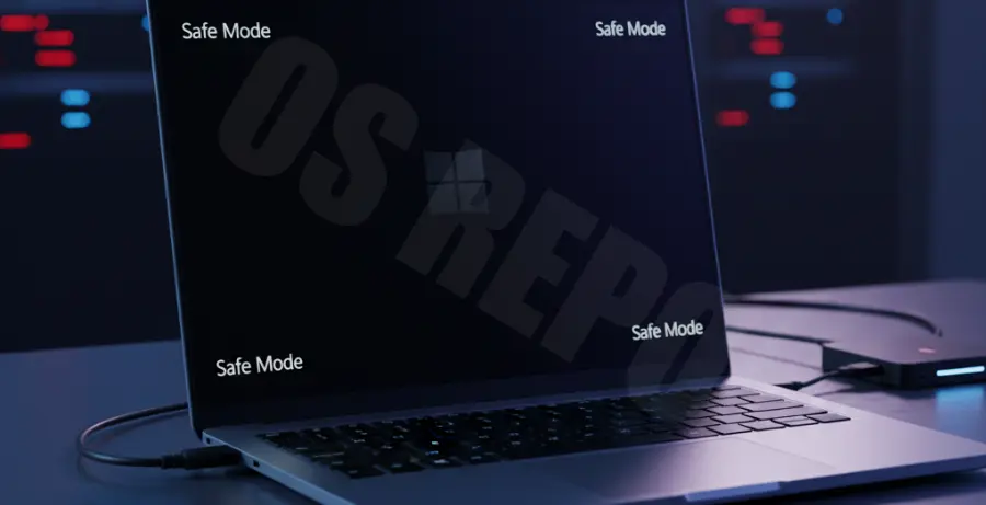 Windows 11 black screen troubleshooting interface showing Safe Mode text in the corner of the display.